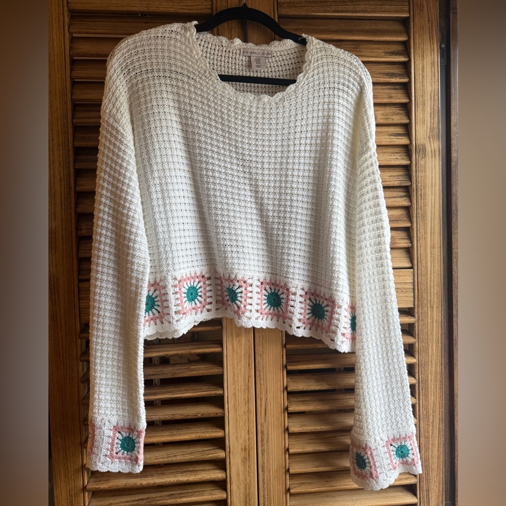 Sincerely Jules Cream Crochet Sweater with Green and Pink Accents